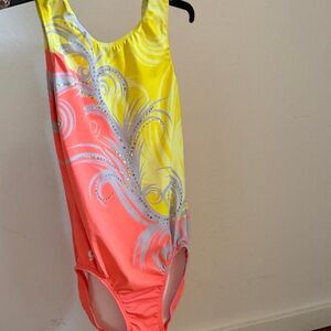 Girls' Yellow & Coral Gradient Leotard with Silver Swirl Accent